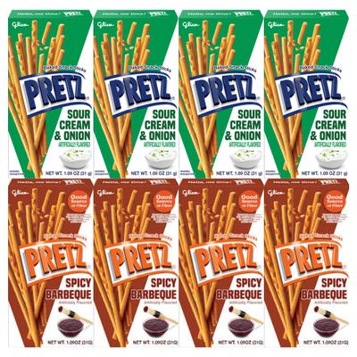 Baked Snack Sticks Variety Pack 8 Pack, Crunchy Savory Pretzel Sticks, 1.09 oz Individual Bags, Sour Cream & Onion and Spicy Barbeque Flavored On the Go Lunchbox Party Snacks