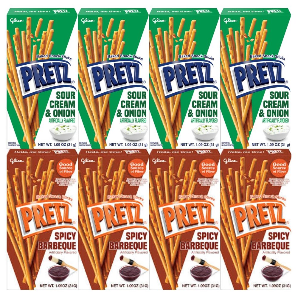 Baked Snack Sticks Variety Pack 8 Pack, Crunchy Savory Pretzel Sticks, 1.09 oz Individual Bags, Sour Cream & Onion and Spicy Barbeque Flavored On the Go Lunchbox Party Snacks