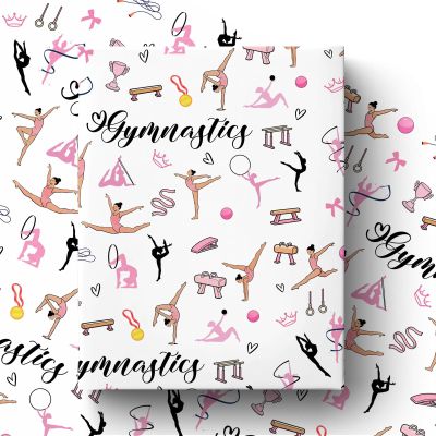 Liobelon Gymnastics Themed Wrapping Paper Roll, 17" x 16.4ft, Pink Gymnastics Pattern Glossy Coated Paper for Birthday, Graduation, Gymnastics Party, Gift Wrapping, DIY Crafts