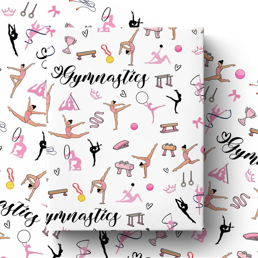 Liobelon Gymnastics Themed Wrapping Paper Roll, 17" x 16.4ft, Pink Gymnastics Pattern Glossy Coated Paper for Birthday, Graduation, Gymnastics Party, Gift Wrapping, DIY Crafts