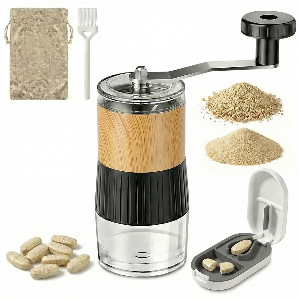 Small Portable Pill Crusher Grinder with Ergonomic Crank Handle,Grinds Pills to Fine Powder for Elderly,Crushes Multiple Small & Large Tablets & Vitamins,for Pets,Feeding Tube,Kids,Home & Travel Use