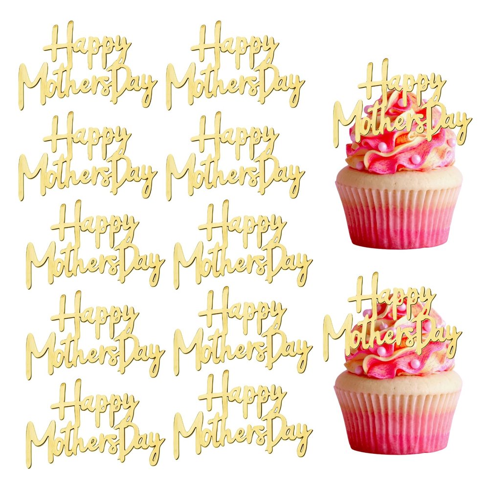 10 Pcs Happy Mother's Day Cupcake Toppers Gold Acrylic Mirror Cake Topper Engraved Cupcake Picks for DIY Cupcake Decoration (10, Gold)