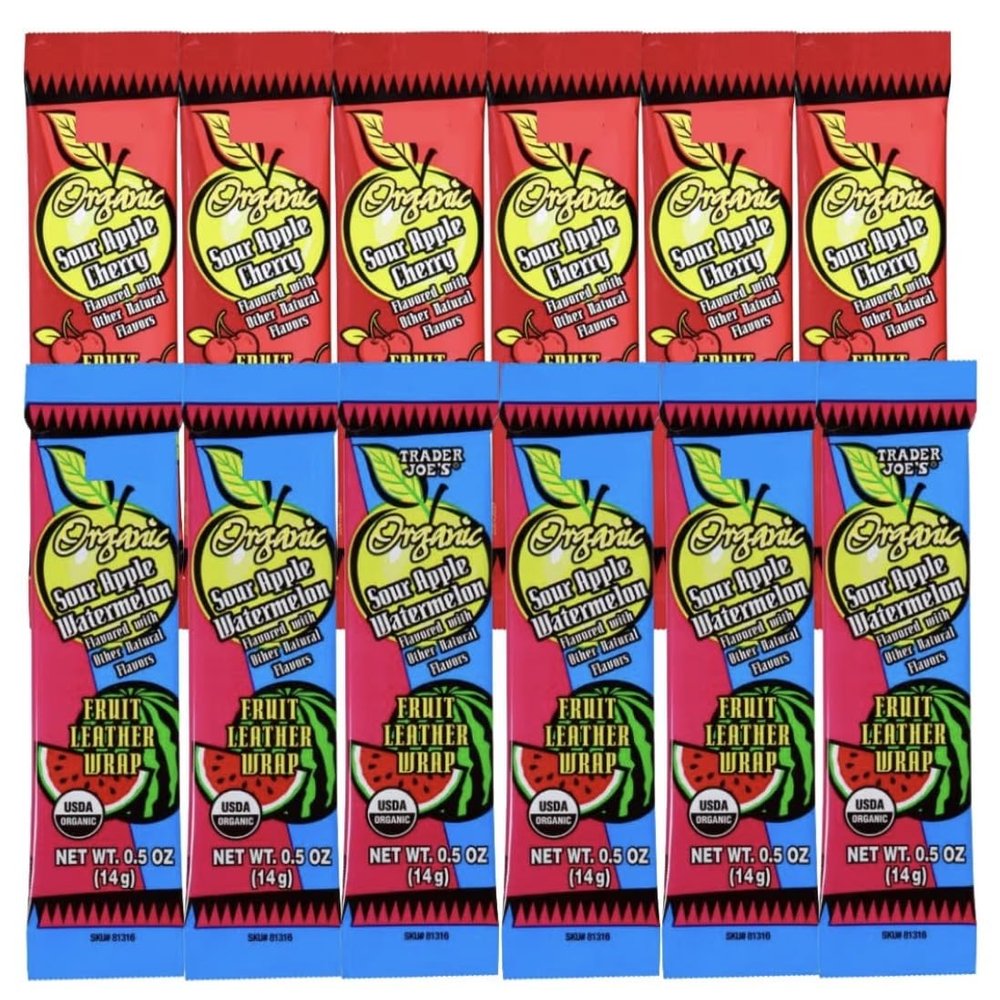 Trader Js Organic Sour Apple Cherry & Sour Apple Watermelon Fruit Leather Wraps 0.5 oz (14g) - 12 PACK (6 of each flavor) Fruit Leather Wrap - (Variety Sour Flavors)