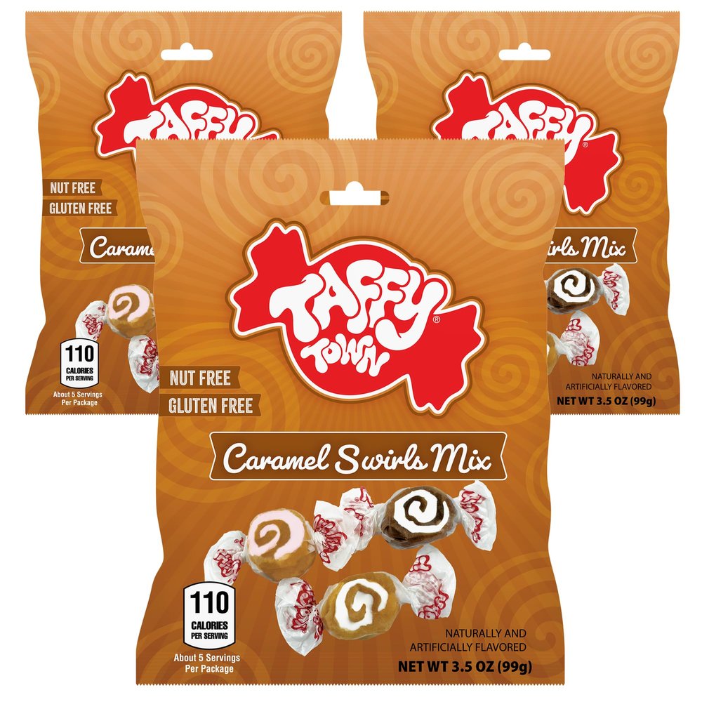 Salt Water Taffy Individually Wrapped Caramel Swirls Mix 3.5 oz Pack of 3 by Taffy Town | Gourmet Saltwater Taffy Candy Bulk Pack | Made in USA (Caramel Swirls)