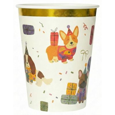 Pooka Coquette Dog Paper Cups 9oz (8 Pack) Gold Bow Dog-Themed Disposable Party Cups for Birthdays, Baby Showers & Kids Parties