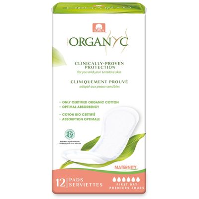 Organyc Hospital Postpartum Pads, 100% Certified Organic Cotton Inside and Out for Women, for First Days After Delivery, 3 Pack of 12 Count