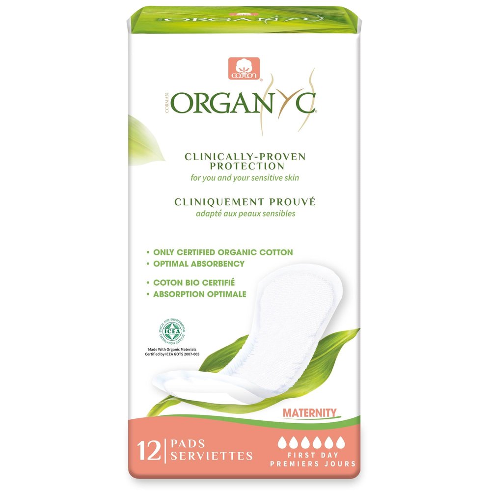 Organyc Hospital Postpartum Pads, 100% Certified Organic Cotton Inside and Out for Women, for First Days After Delivery, 3 Pack of 12 Count