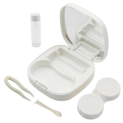 Auvotuis Contact Lens Case Travel Kit with Mirror and Remover Tool, Leakproof Portable Solution Bottle and Tweezers, Essential Eye Care Set for Daily Use (White)