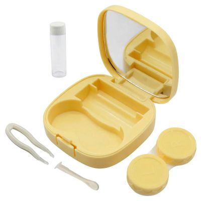 Auvotuis Contact Lens Case Travel Kit with Mirror and Remover Tool, Leakproof Portable Solution Bottle and Tweezers, Essential Eye Care Set for Daily Use (Yellow)