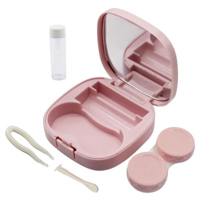Auvotuis Contact Lens Case Travel Kit with Mirror and Remover Tool, Leakproof Portable Solution Bottle and Tweezers, Essential Eye Care Set for Daily Use (Pink)