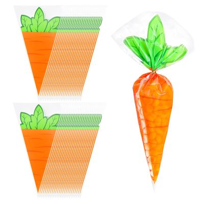 100PCS Carrot Snack bags with Ties Easter Cone Shaped Cellophane Bags for Treats Candy Popcorn Cookie Goodie Goody Gift Wrap Spring Easter Party Favors Supplies Decorations Holiday Baggies Pouch
