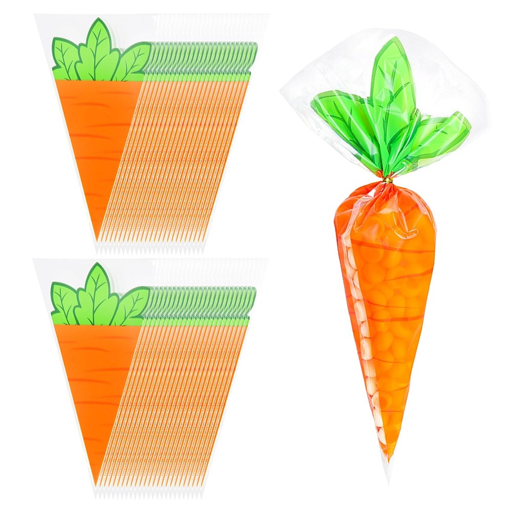 100PCS Carrot Snack bags with Ties Easter Cone Shaped Cellophane Bags for Treats Candy Popcorn Cookie Goodie Goody Gift Wrap Spring Easter Party Favors Supplies Decorations Holiday Baggies Pouch
