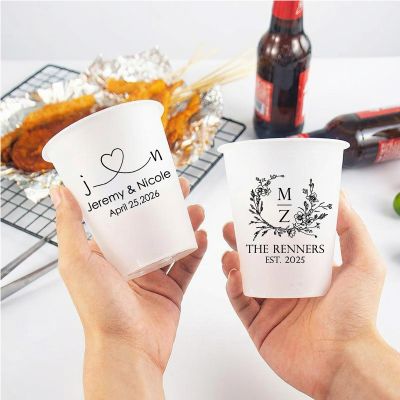 200pcs Custom Disposable Frosted Plastic Cups Napkins Set, Personalized Wedding Cups for Party, Custom Cocktail Napkins With Logo Names, Perfect for Birthday,Bridal Shower