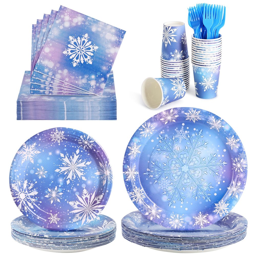 COSINIA 144 Pcs Frozen Tableware Set for 24 Guests, Heavy-Duty 7" & 9" Paper Plates, Cups, 2-Ply 13" Napkins & Plastic Forks, Disposable Winter Snowflake Party Supplies for Christmas Holiday Party