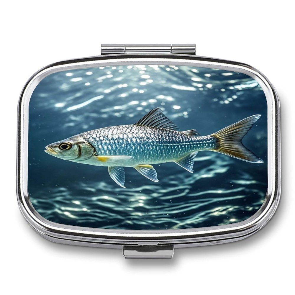 Swimming Fish Pill Organizer 2 Compartments Small Pill Box for Pocket Purse Portable Travel Pill Case Metal Medicine Organizer Daily Pill Container for Vitamin Fish Oil Supplement