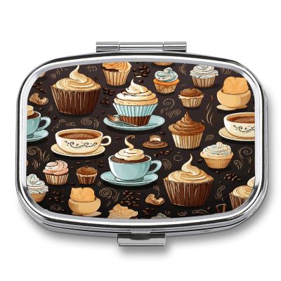 Coffee and Sweets Sugar Chocolate Pill Organizer 2 Compartments Small Pill Box for Pocket Purse Portable Travel Pill Case Metal Medicine Organizer Daily Pill Container for Vitamin Fish Oil Supplement