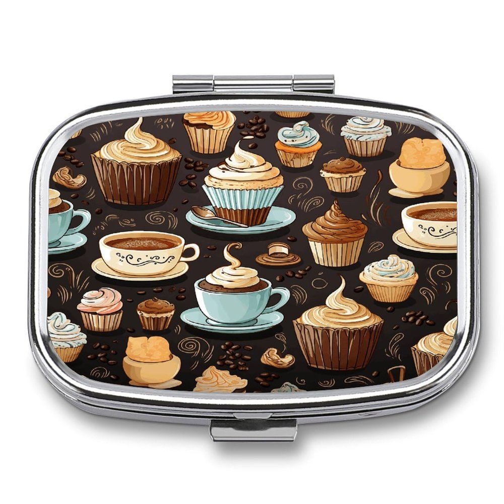 Coffee and Sweets Sugar Chocolate Pill Organizer 2 Compartments Small Pill Box for Pocket Purse Portable Travel Pill Case Metal Medicine Organizer Daily Pill Container for Vitamin Fish Oil Supplement