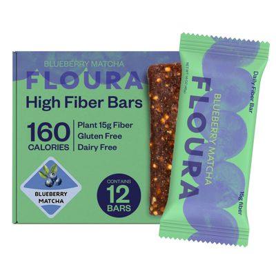 Floura Blueberry Matcha Fruit-Forward Fiber Bars High Fiber, Vegan, Gluten & Dairy Free, Low Calorie Healthy Snack Bars with Upcycled Produce for Gut Health [12 Pack]