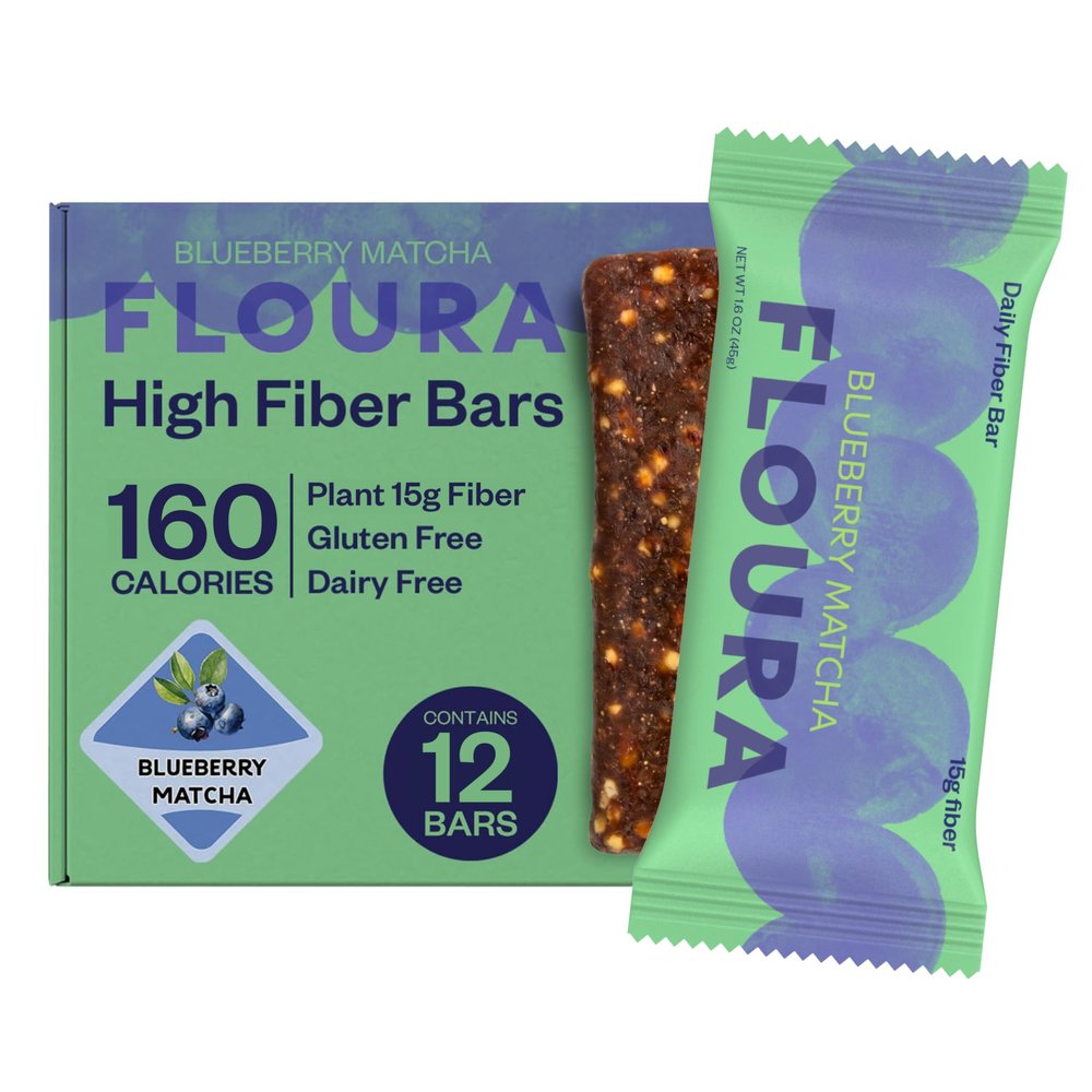 Floura Blueberry Matcha Fruit-Forward Fiber Bars High Fiber, Vegan, Gluten & Dairy Free, Low Calorie Healthy Snack Bars with Upcycled Produce for Gut Health [12 Pack]