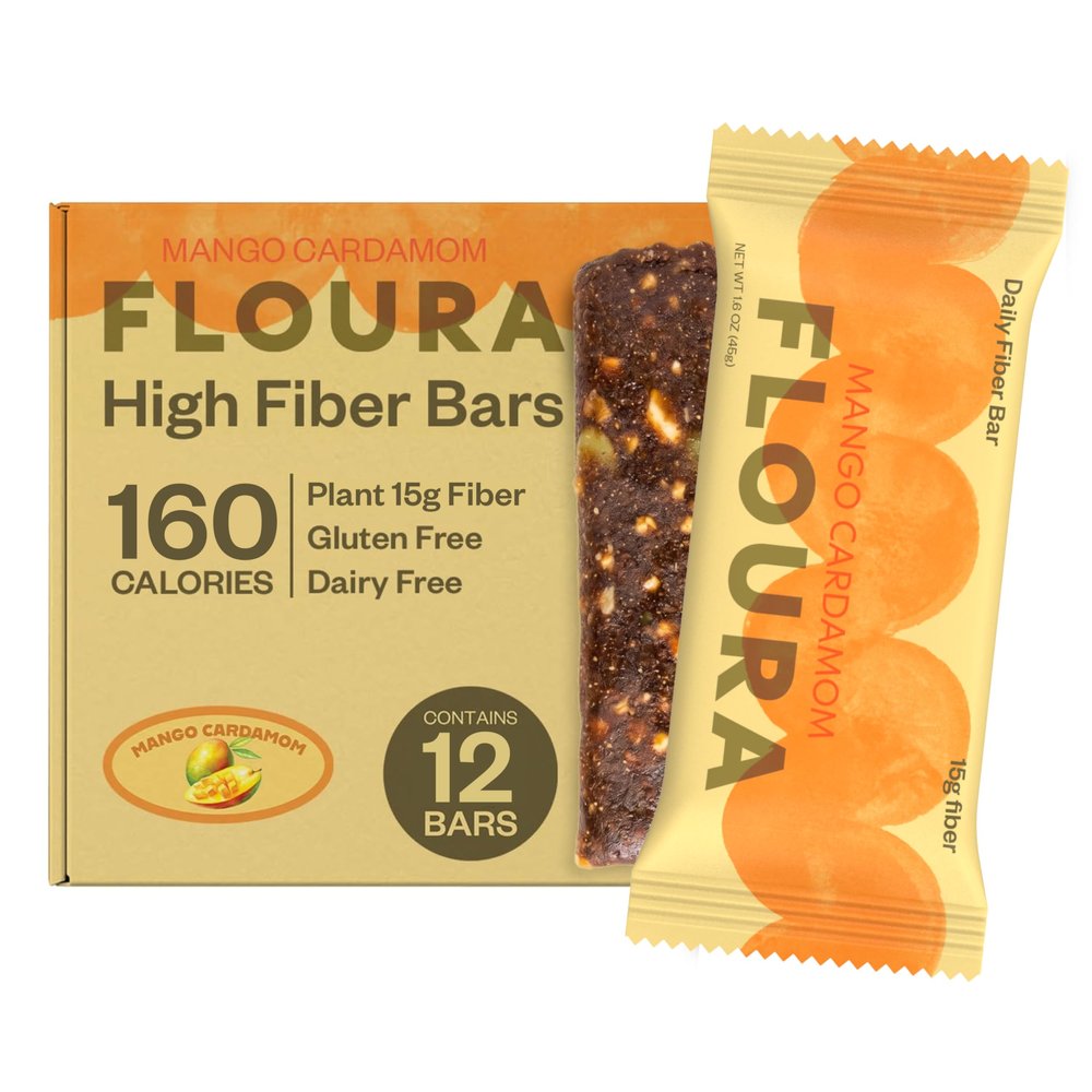 Floura Mango Cardamom Fruit-Forward Fiber Bars High Fiber, Vegan, Gluten & Dairy Free, Low Calorie Healthy Snack Bars with Upcycled Produce for Gut Health [12 Pack]