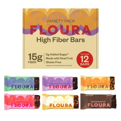 Floura Variety Pack Fruit-Forward Fiber Bars High Fiber, Vegan, Gluten & Dairy Free, Low Calorie Healthy Snack Bars with Upcycled Produce for Gut Health [12 Pack- 2 of Each Flavor]