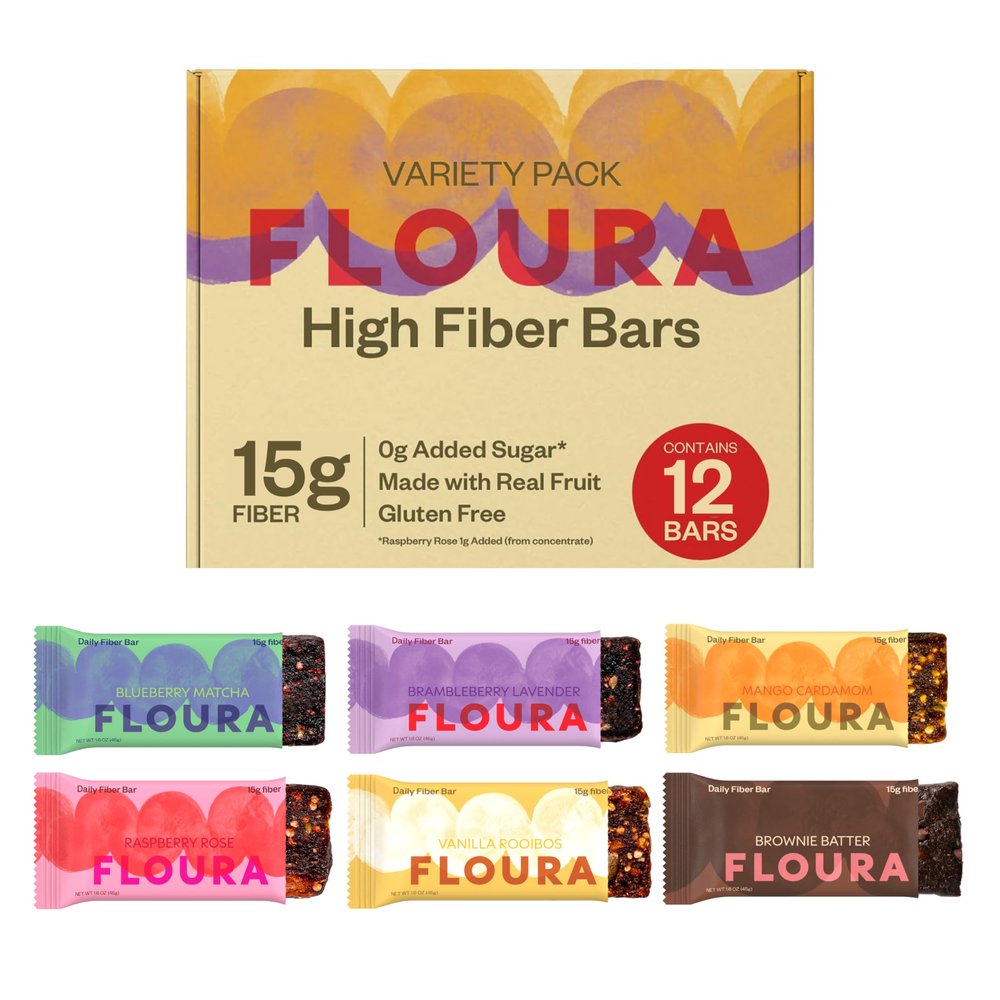 Floura Variety Pack Fruit-Forward Fiber Bars High Fiber, Vegan, Gluten & Dairy Free, Low Calorie Healthy Snack Bars with Upcycled Produce for Gut Health [12 Pack- 2 of Each Flavor]