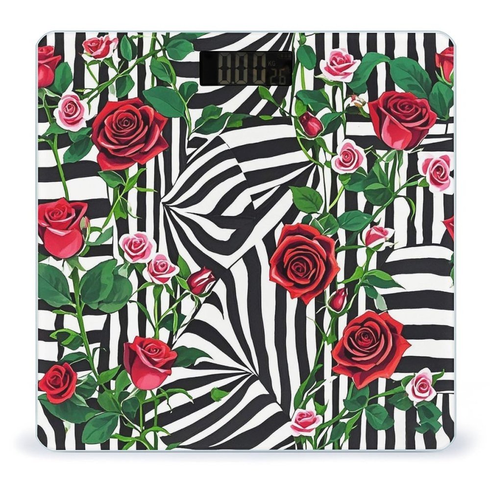 Black White Stripes Red Rose Flowers Scale for Body Weight Accurate Digital Bathroom Scale Toughened Glass High Precision Scales Smart Weight Scales with Large LCD Backlight Display Weighing Machine