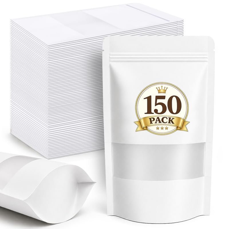JETMORE 150 Pack Cookie Bags, Resealable Bags, Snack Bags with Seal, Smell Proof Bag with Window, Sealable Treat Bags for Snacks, Food, Candy, Spice, Nuts and Sample Packaging (White, 4x6in)