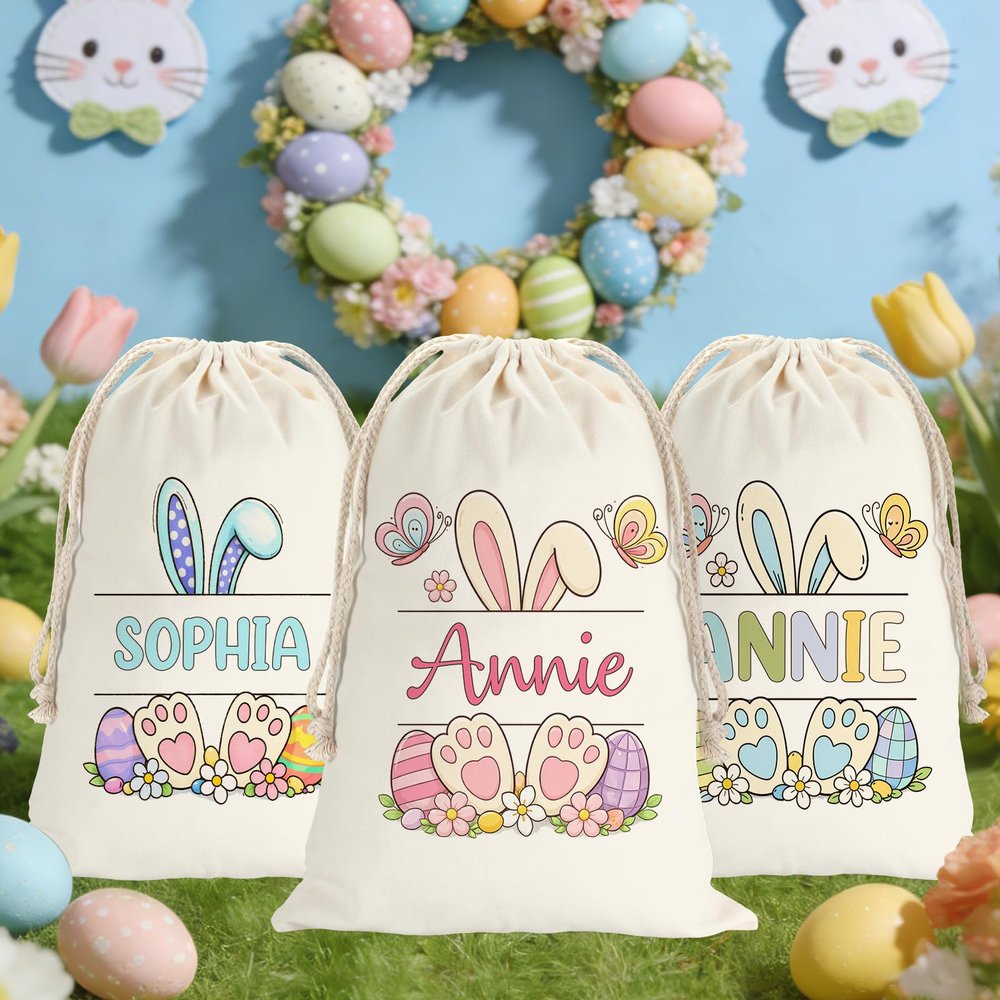 Raindull Personalized Easter Bunny Bags, Custom Easter Gift Bags for Kids Boys Girls, Customized Easters Bunny Sack with Name, Reusable Drawstring Bag for Egg Hunts, Cute Goodie Treat Bag for Family