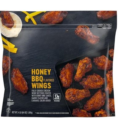 Honey BBQ Bone-In Chicken Wings , The flat and drumette wing sections are covered in sweet, smoky honey BBQ sauce for a savory flavor. These chicken wings are fully cooked and ready-to-eat for a protein packed snack. Simply heat in an oven or microwa