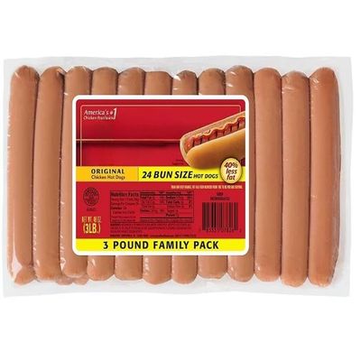 Bun-Length Chicken Hot Dogs that are conveniently sized to fit exactly in a bun. They contain up to 40% less fat than normal hot dogs but still taste great. , Chicken hot dogs contain 40% less fat than normal franks , Bun-length hot dogs fit perfectl