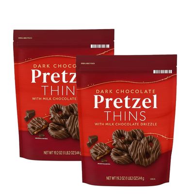 Dark Chocolate Pretzel Thins, 19 oz, Crunchy Pretzels Covered in Rich Dark Chocolate, Drizzled with Creamy Milk Chocolate, Sweet & Salty Gourmet Snack (2 Pack)