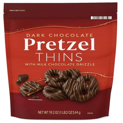 Dark Chocolate Pretzel Thins, 19 oz, Crunchy Pretzels Covered in Rich Dark Chocolate, Drizzled with Creamy Milk Chocolate, Sweet & Salty Gourmet Snack (1 Pack)