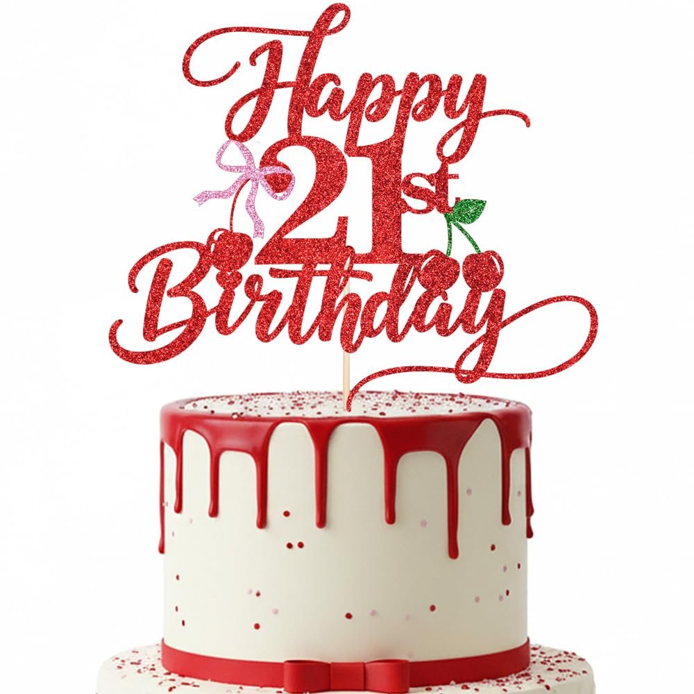 Sleyberoy Red Glitter Cherry Happy 21st Birthday Cake Topper with Pink Bow & Cherry Party Decorations for 21st Birthday & anniversary & Milestone Celebrations & Photo Booth Props (21st)