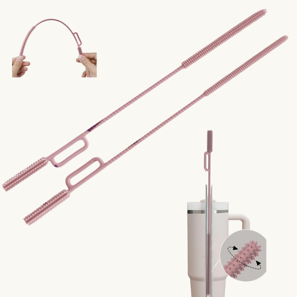2-in-1 Dual-Head Straw Brush, Silicone Cleaning Brush for Straws & Lid Gaps, Long Flexible for Tumblers & Bottles, Non-Slip Handle, No-Scratch, 2 Pack (6mm & 9mm), Durable & Reusable (Blush Pink)
