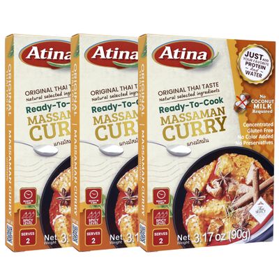 Atina Ready-to-Cook Paste, Original Thai Taste, Concentrated, Gluten Free, No Preservatives, 3.17 oz (3.17 Ounce (Pack of 3), Massaman Curry)