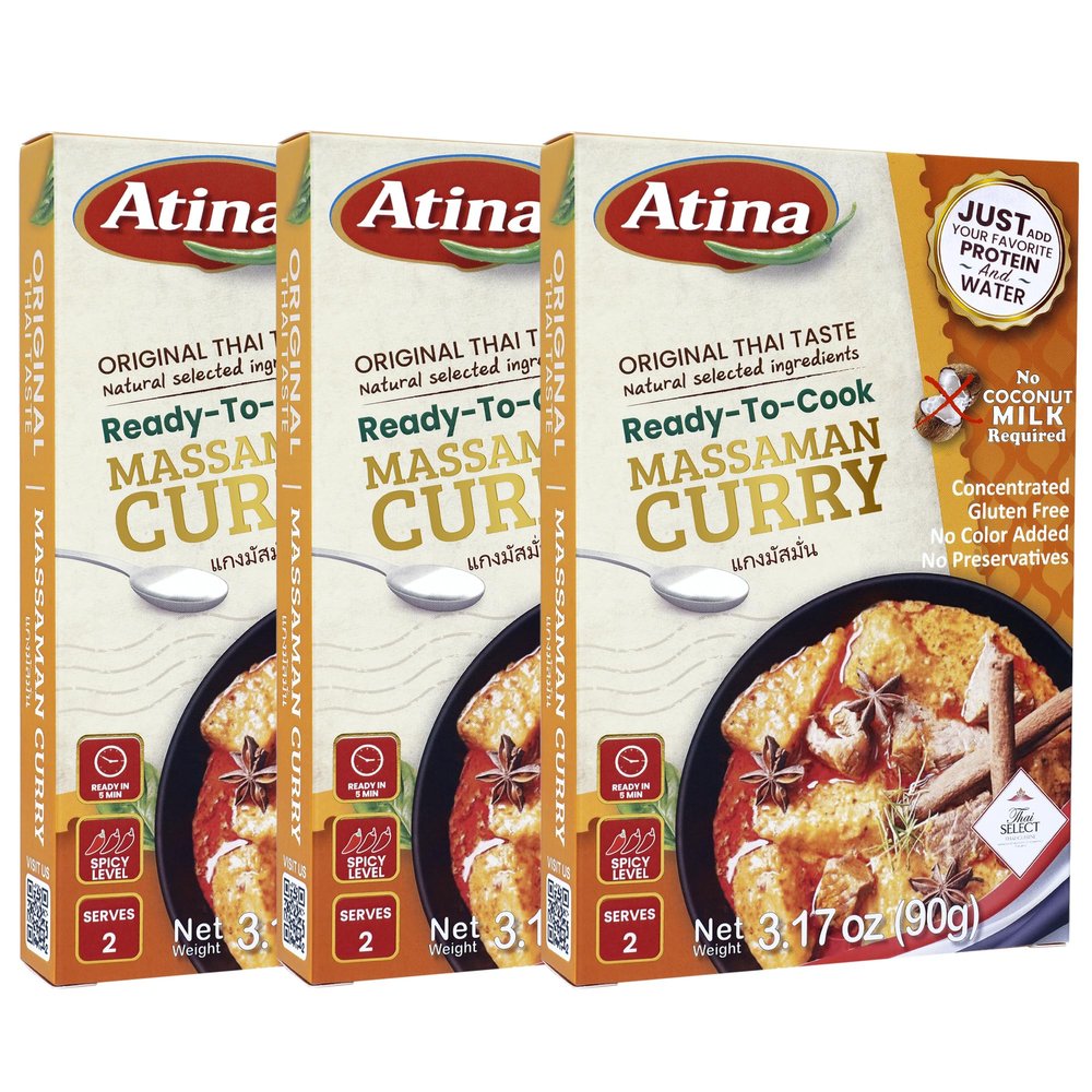 Atina Ready-to-Cook Paste, Original Thai Taste, Concentrated, Gluten Free, No Preservatives, 3.17 oz (3.17 Ounce (Pack of 3), Massaman Curry)