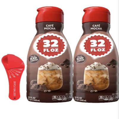 Mocha Liquid Coffee Creamer Two (2) 32 fl oz Bottle of Creamy Smooth Non-Dairy Cafe Mocha Coffee Creamer with Measuring Spoon
