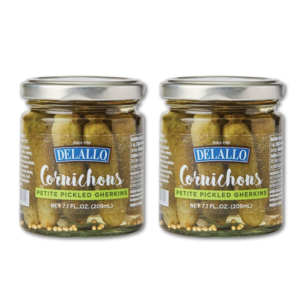 DeLallo Cornichons, Mini Pickled Gherkins, Bright Tangy Flavor, Crunchy Texture, Gourmet Charcuterie Snack, Made in Small Batches, Vegan, Non-GMO, Kosher, 7.1 oz Jar, (2 Pack)
