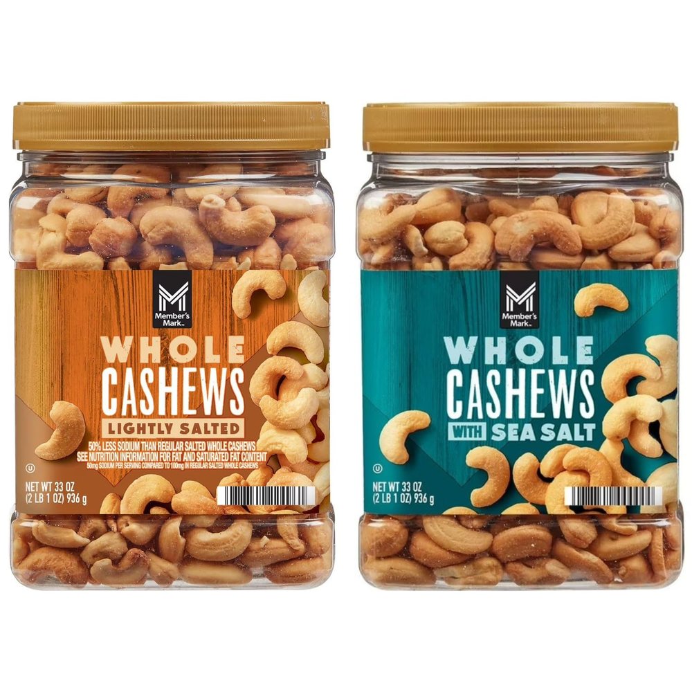Member's Mark Whole Cashews, 33 oz (Pack of 2) Lightly Salted & Roasted with Sea Salt, Premium Jumbo Nuts, Fresh & Crunchy Snack, Resealable Bulk Container