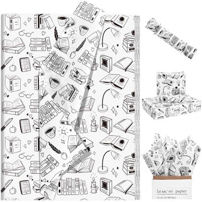 100 Sheets Books Tissue Paper for Gift Bags Vintage Bookshelf Coffee Plants Pens Printed Tissue Paper for Book Lover Back to School Party DIY Craft Supplies, 20 14 Inches
