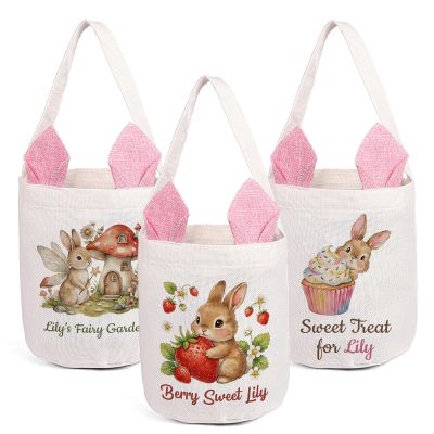 Thelovetag Personalized Easter Basket with Custom Name & Initials, Canvas Tote with Bunny Ears, Reusable Easter Gift Bag (Pink-Multi Designs)