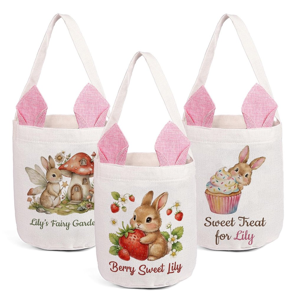Thelovetag Personalized Easter Basket with Custom Name & Initials, Canvas Tote with Bunny Ears, Reusable Easter Gift Bag (Pink-Multi Designs)
