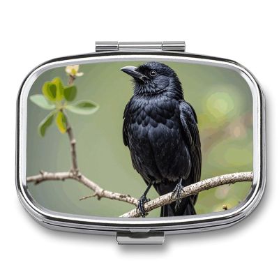 Black Crow Birds on A Branch Pill Box 2 Compartment - Small Metal Medicine Organizer Portable Pill Case for Purse Pocket Travel Vitamin Organizer for Men Women, BPA-Free