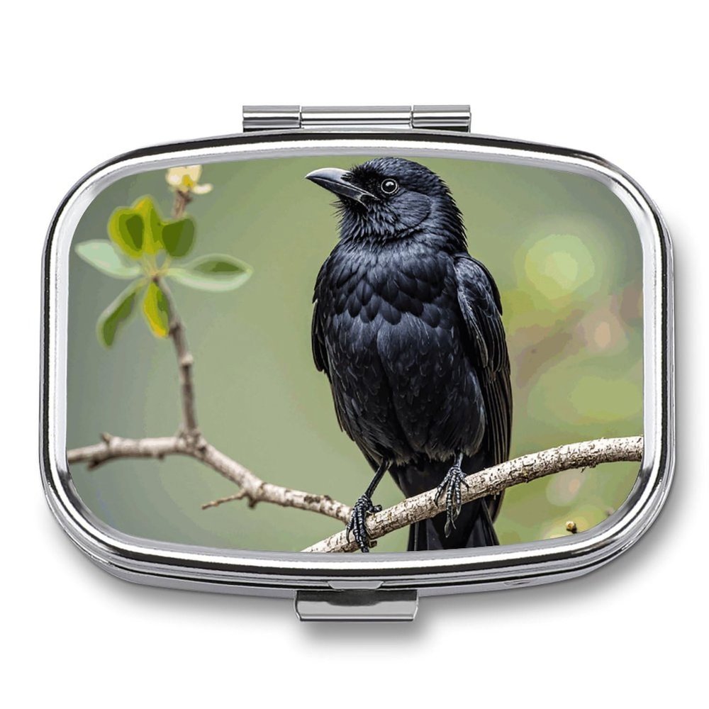 Black Crow Birds on A Branch Pill Box 2 Compartment - Small Metal Medicine Organizer Portable Pill Case for Purse Pocket Travel Vitamin Organizer for Men Women, BPA-Free