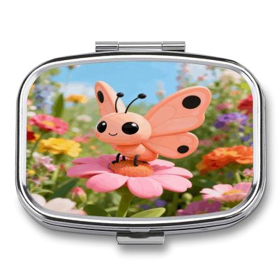 Apricot Butterfly Pill Organizer Square Pill Case with 2 Compartments Portable Small Pill Box Metal Medicine Box Sealed Pill Container Travel Medicine Organizer