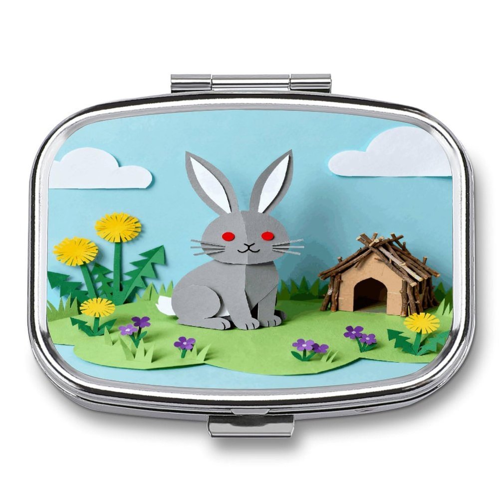 Papercraft Rabbit Pill Organizer Square Pill Case with 2 Compartments Portable Small Pill Box Metal Medicine Box Sealed Pill Container Travel Medicine Organizer