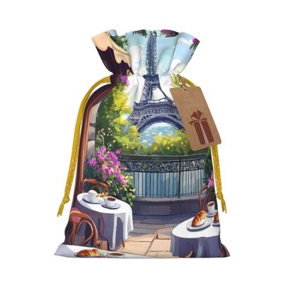 Qewfoju Parisian Cafe With Eiffel Pattern Holiday Gift Bags Christmas Burlap Gift Bags Drawstring for Wedding Party Favors Xmas Gifts Couple Shower Medium
