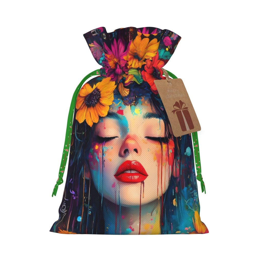 Qewfoju Bohemian Colorful Flower Woman Pattern Holiday Gift Bags Christmas Burlap Gift Bags Drawstring for Wedding Party Favors Xmas Gifts Couple Shower Medium