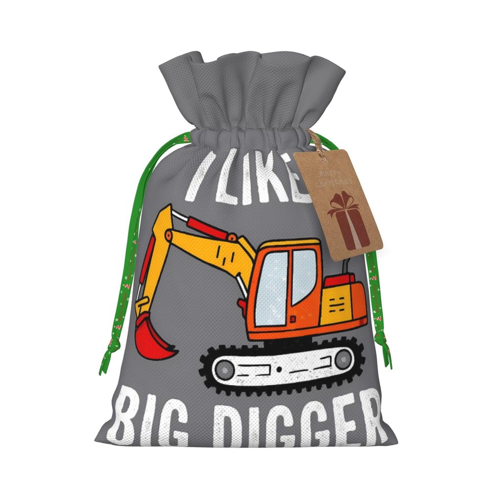 Qewfoju I Like Big Digger Pattern Holiday Gift Bags Christmas Burlap Gift Bags Drawstring for Wedding Party Favors Xmas Gifts Couple Shower Small